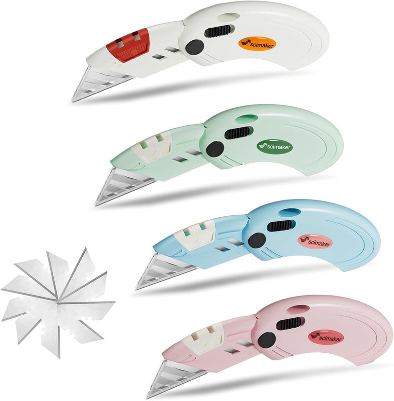 scimaker Box Cutters, Lightweight 4- Piece Folding Utility Knives Set, Razor Sharp Blade for Cartons, Cardboard, Sheet Plastic and Boxes, Back-lock Mechanism with Extra 10 Blades, Mix - Image 1